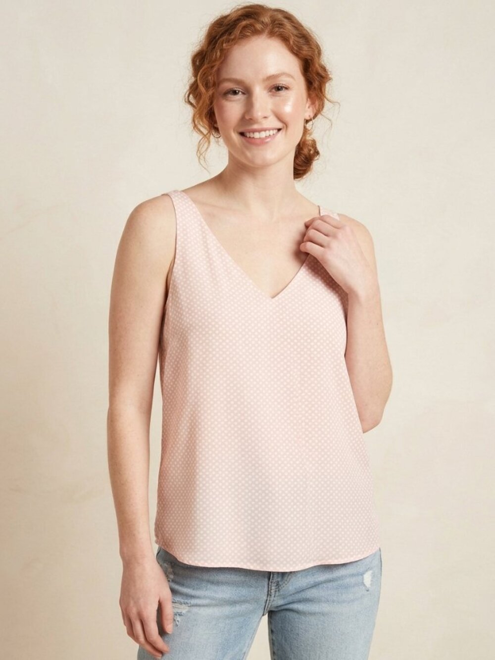 NWT EXPRESS- Pink & White Polka Dot Sleeveless V-Neck Top – Size Small
